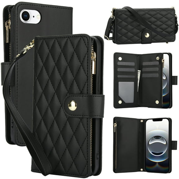 ELEHOLD Premium Leather Wallet Case For iPhone 16e, Zipper Folio with 6 Card Slots Cash Pocket Magnetic Closure Protective Flip Wallet Case Cover with Wrist/Shoulder Strap,Black