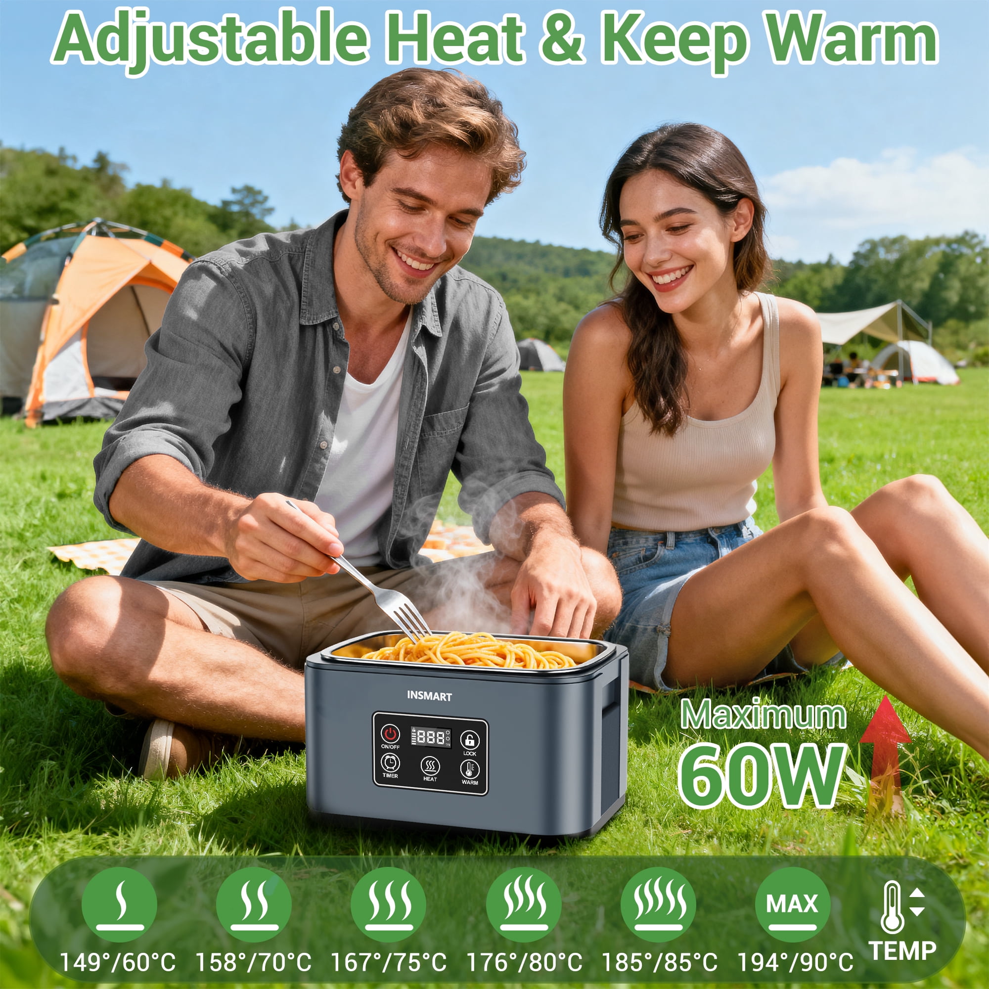 INSMART 6.3-Cup Cordless Electric Lunch Box for Adults, Heated Lunch Box for Men with Scheduled Heating, Portable Car Food Warmer with Utensils, 4D Closed-Loop Heating with No Cold Spots(Blue)