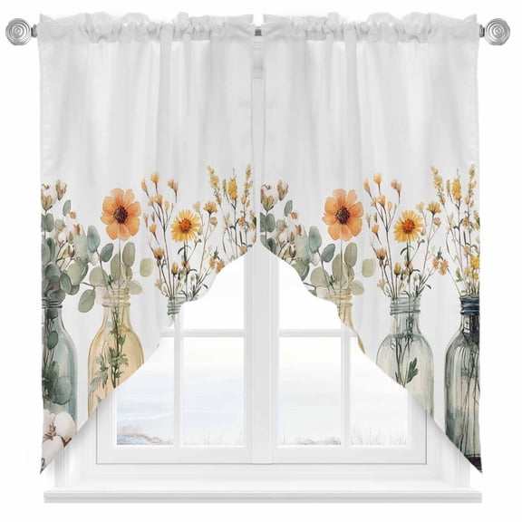 Watercolor Floral Plant Swag Kitchen Curtain Valances, Vintage Eucalyptus Leaf Daisy Rod Pocket Curtains Window Treatment Decor Valances for Bedroom Bathroom, 2 Panels 36 x 63 Inch