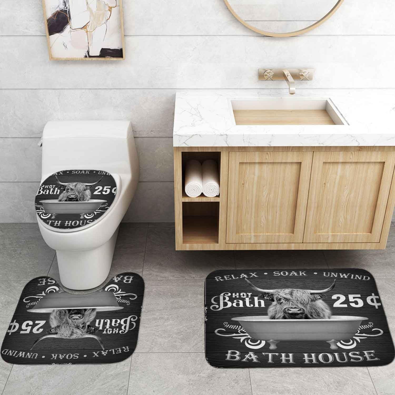 4PCS Funny Highland Cow Shower Curtain Set, Waterproof White Fabric Shower Curtain, Non-Slip Bath Mat Bathroom Rugs Sunflower Floral Farm Animal Western Country Rustic Farmhouse Bathroom Decor