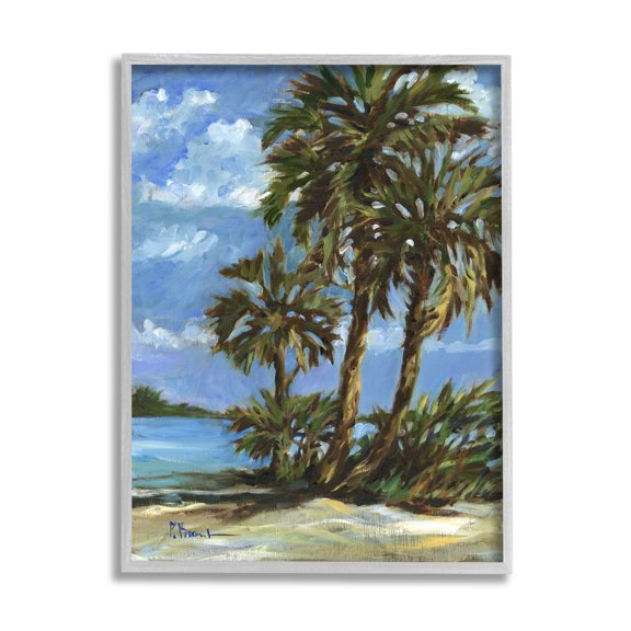 Stupell Industries Tropical Shoreline View Nature Painting Gray Framed Art Print Wall Art, 24 x 30