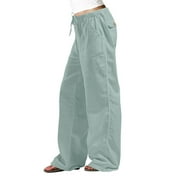 Tuphregyow Women's Trousers Clearance Solid Breathable Classic Cotton Linen Straight Leg Casual Pants Trendy High Waist Drawstring with Pockets Leisure Lightweight New Style Mint Green S