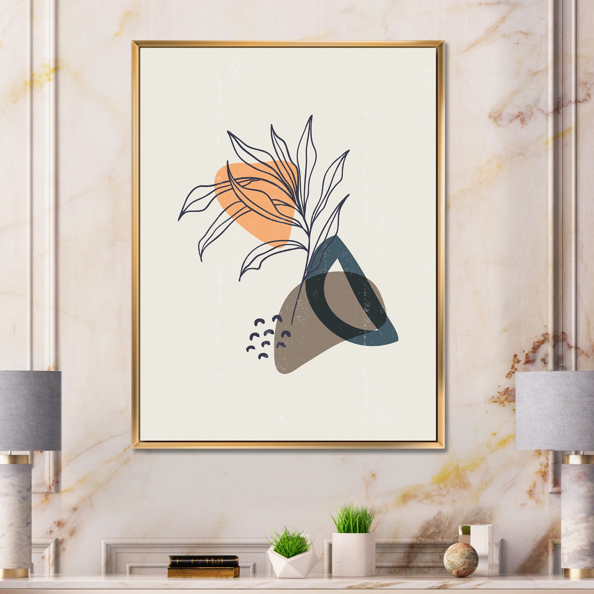 Designart 'Minimalist Shapes With Ancient Plant I' Modern Framed Canvas Wall Art Print