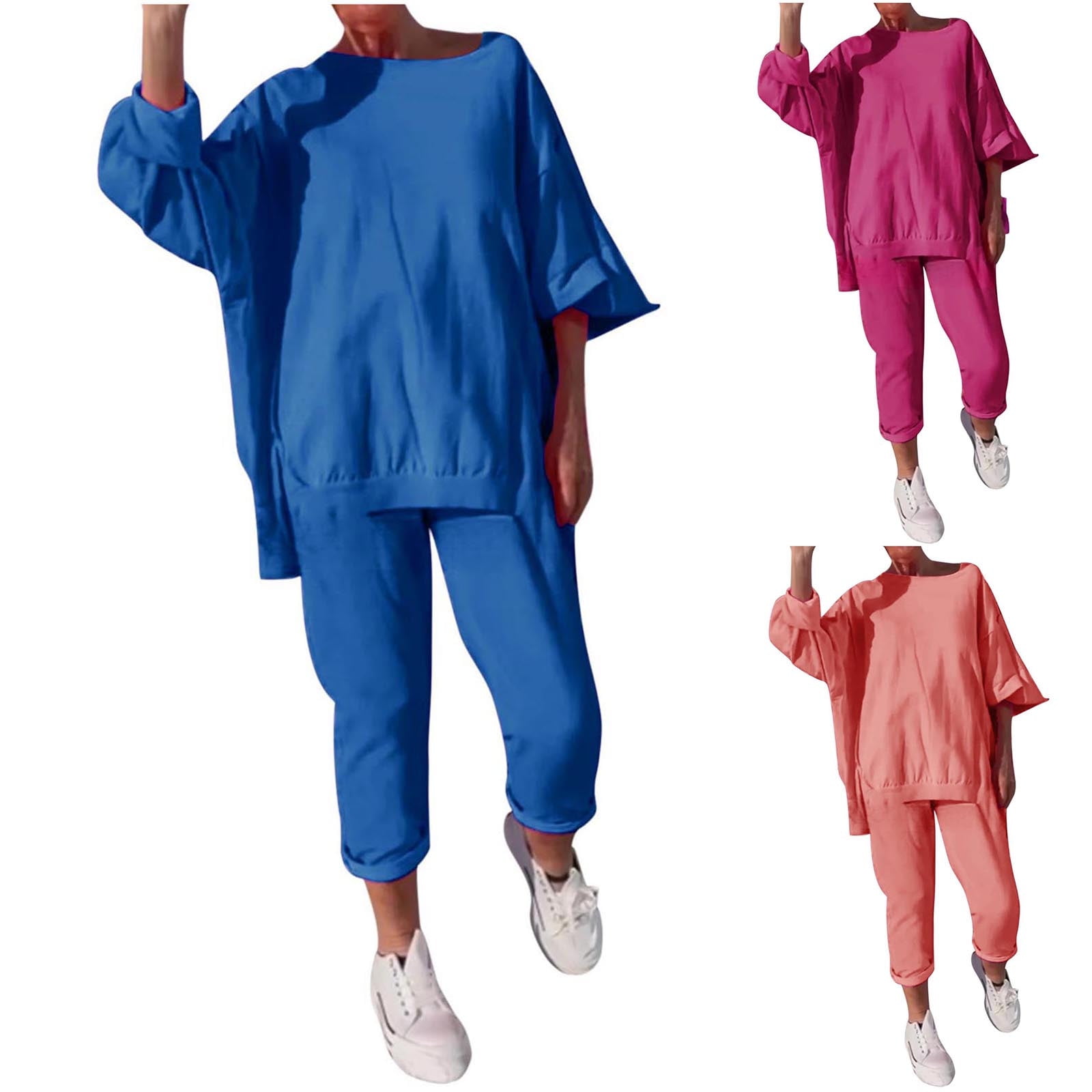 Feancey Women 2 Piece Lounge Set Long Sleeve Split Sweatshirts and Pant Sets Oversized Casual Tracksuit Outfits Solid Color Loungewear Two Piece Blue L