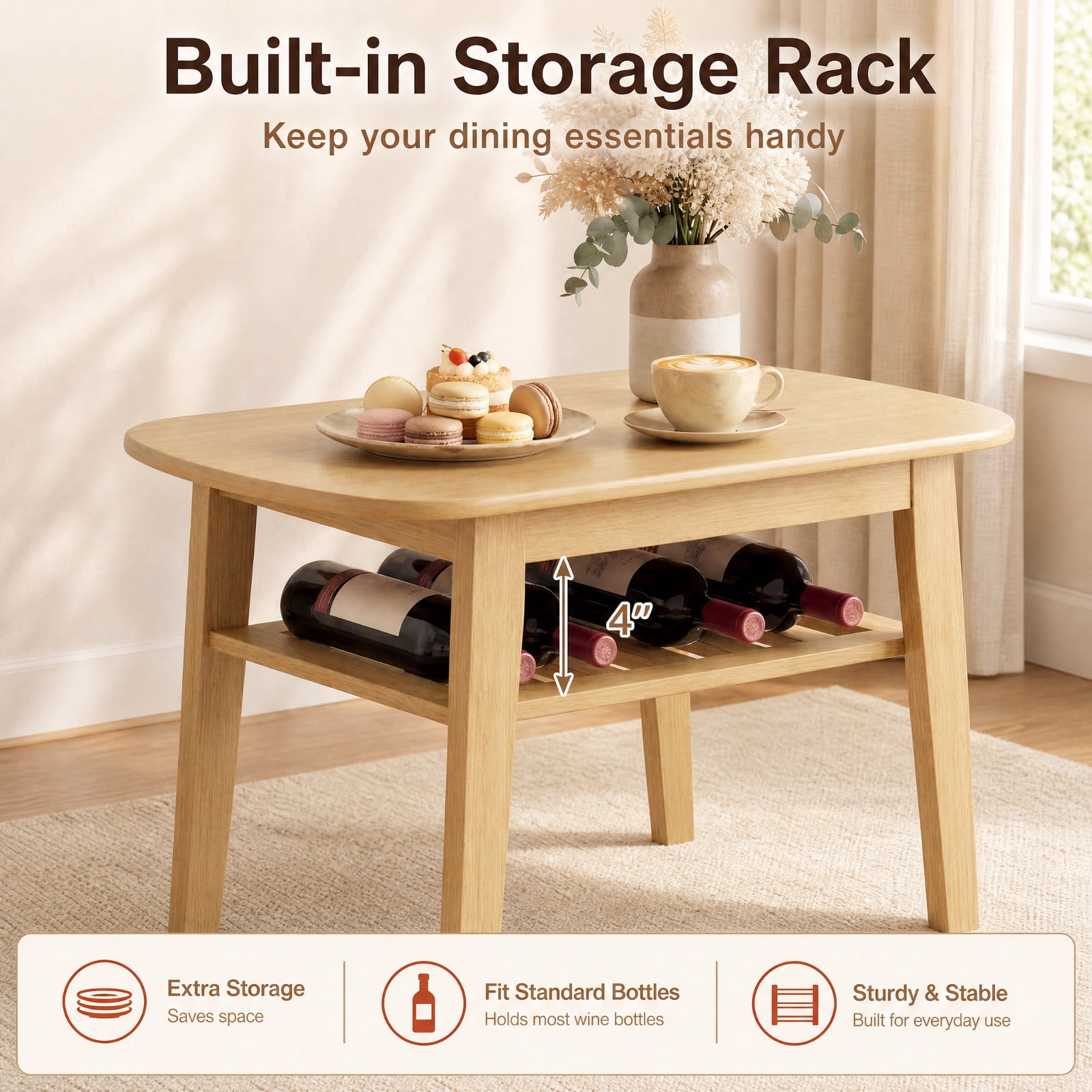Furnibear 3 Piece Small Dining Table Set for 2 with Upholstered Chairs and Built in Storage Rack for Kitchen Breakfast Nook and Apartment, Natural