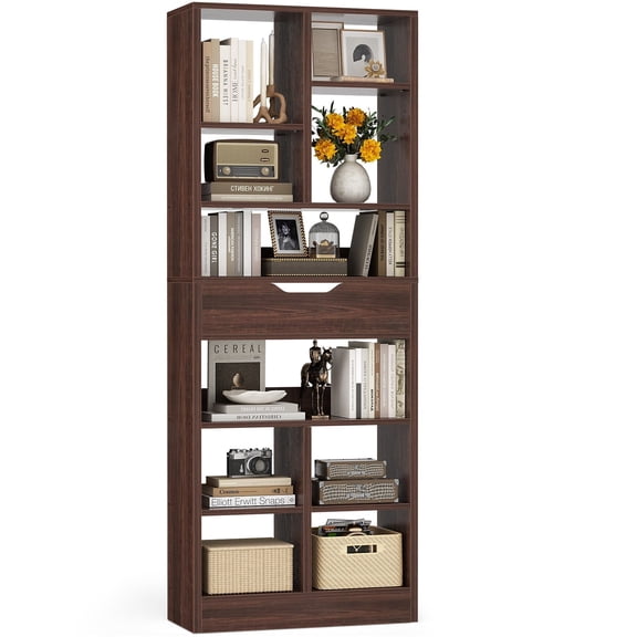 iSunirm 73.6'' Tall Cube Bookcase with Drawer, 10-Tier Bookshelves with Adjustable Shelves, 19.7 '' Width Display Shelf for Living Room, Home Office, Walnut