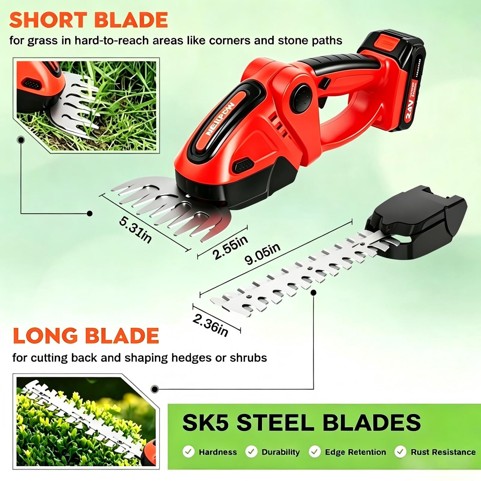 SUSUZI Cordless 2-in-1 Hedge Trimmer & Grass Shears – 24V 1500mAh Dual Batteries, SK5 Alloy Steel Blades, 3-Angle Adjustable Head for Garden Lawn Shrub Maintenance