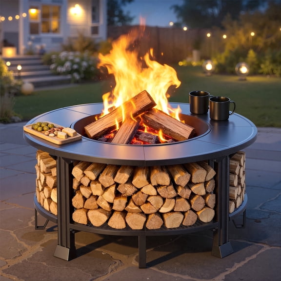 38" Outdoor Fire Pit Table with Grill & Firewood Rack, Wood Burning Fire Pit for Backyard Gatherings, Patio Heating & Outdoor Entertaining, BBQ with Pit Cover, Poker, BBQ Grate, Round Fire Pit, Black