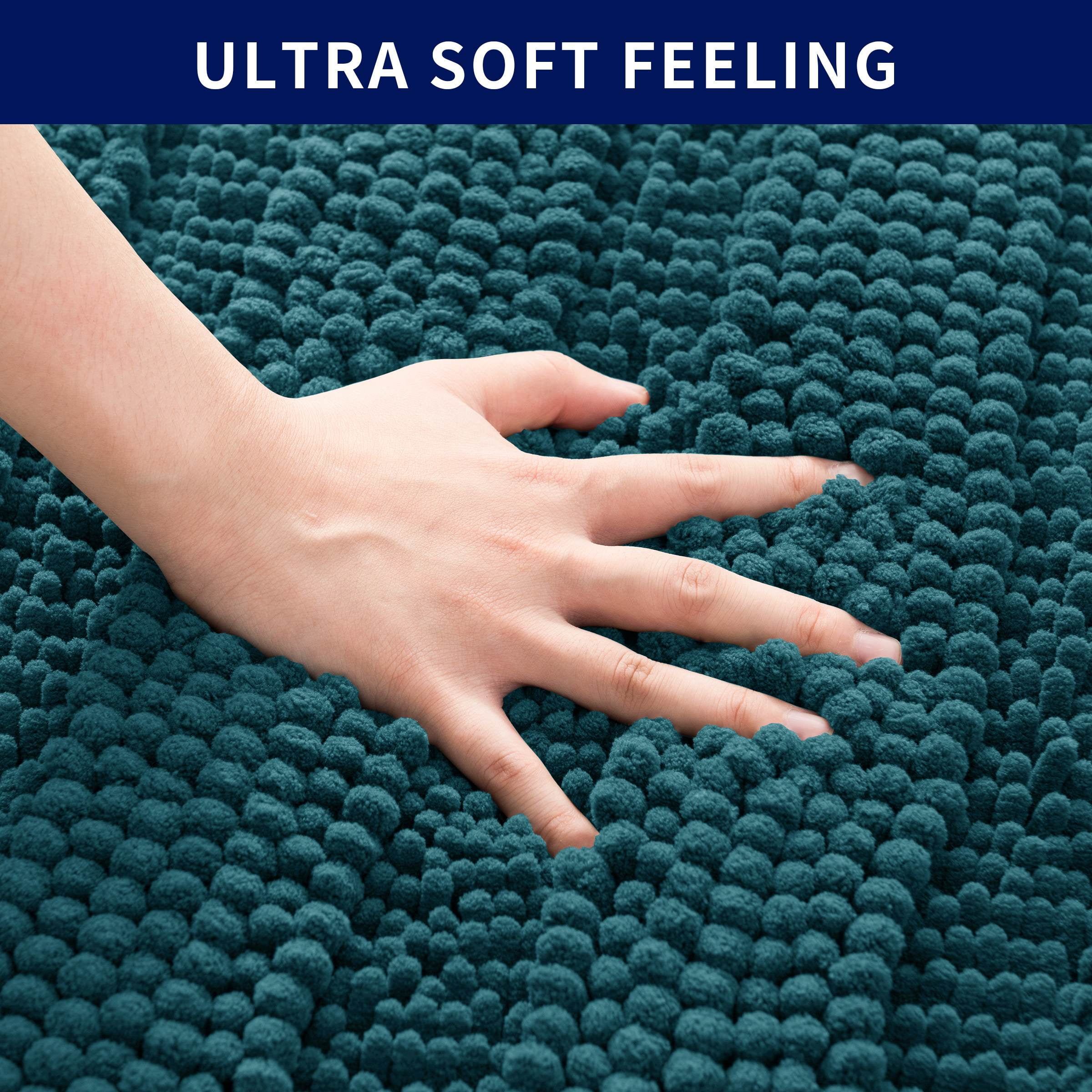 Subrtex Bathroom Rugs Non-Slip Chenille Soft Striped Plush Bath Mat (Blue, 16"x24"+20"x32")