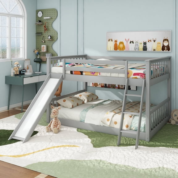 Full over Full Bunk Bed with Convertible Slide and Ladder, Gray