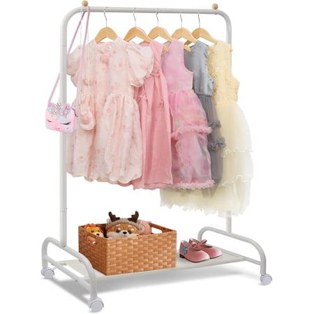 Kids Clothing Rack, Baby Clothes Rack for Hanging Clothes with Wheels and Bottom Storage Shelf, Small Toddler Garment Rack Kids Dress Up Storage Rack for Coats, Skirts, Dance Costume(White)