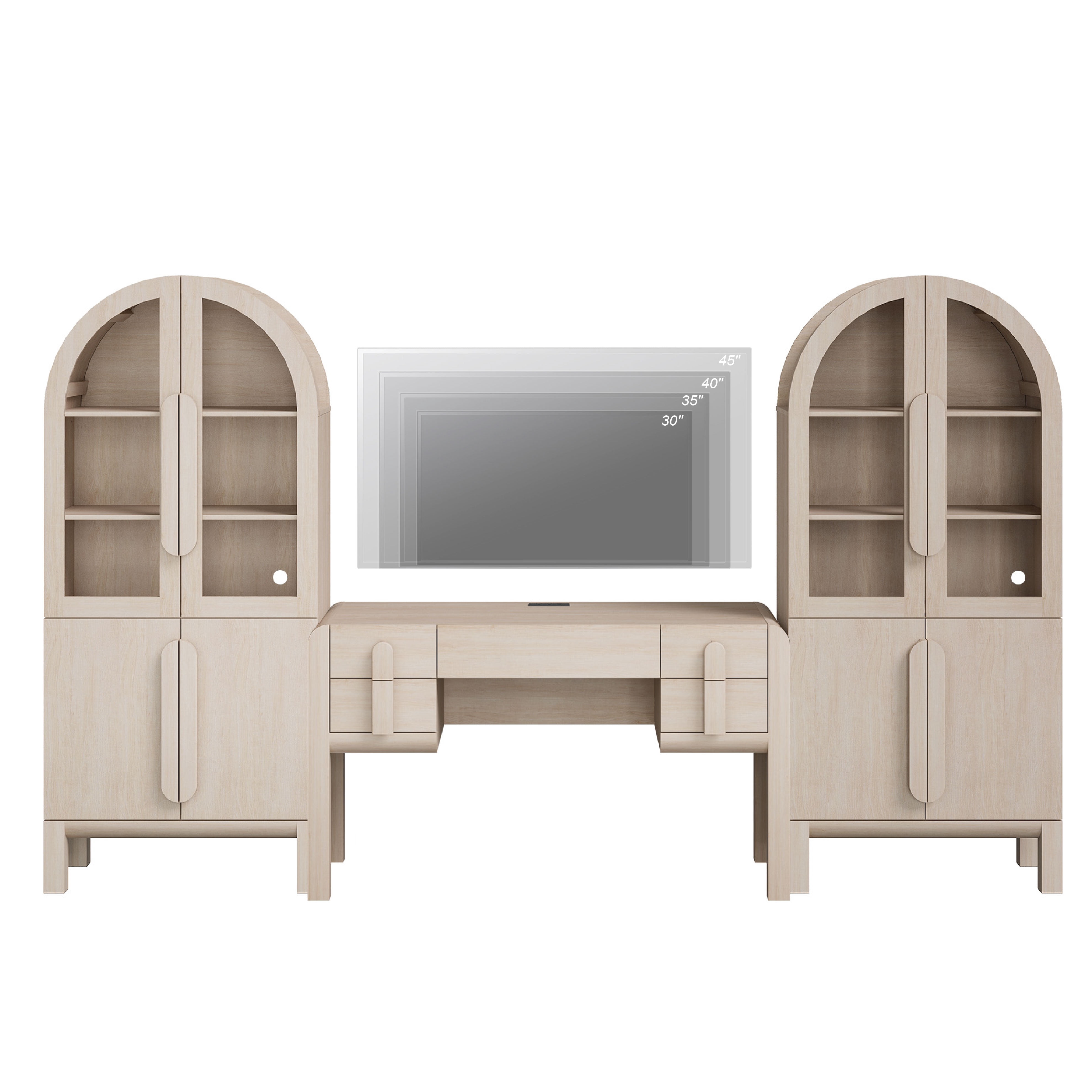 Home Office Set, 53.5" Modern Executive Desk with Charging Station and Drawers & 2 Piece 71"H Tall 3-Tier Arched Bookcases with Glass Door for Living Room, Bedroom, Home Office
