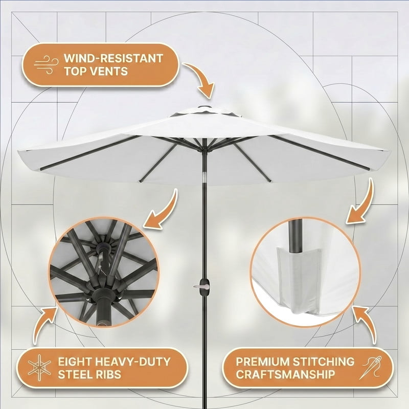 Lacoo 9' Outdoor Patio Umbrella, Market Table Umbrella with Push Button Tilt, 8 Heavy-Duty Steel Ribs & Wind Vents, White