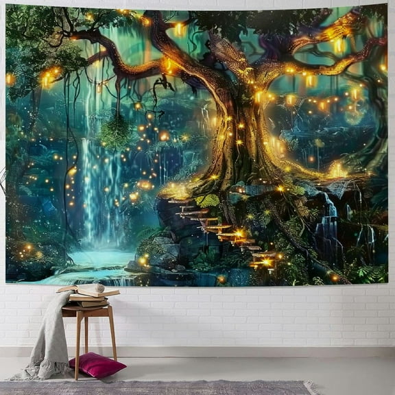 PRATYUS Fairy Tales Magical Forest Tapestry, Nature Tree of Life with Elves Landscape Tapestry Wall Hanging for Living Room BedRoom Decoration Green Multi Size Painting