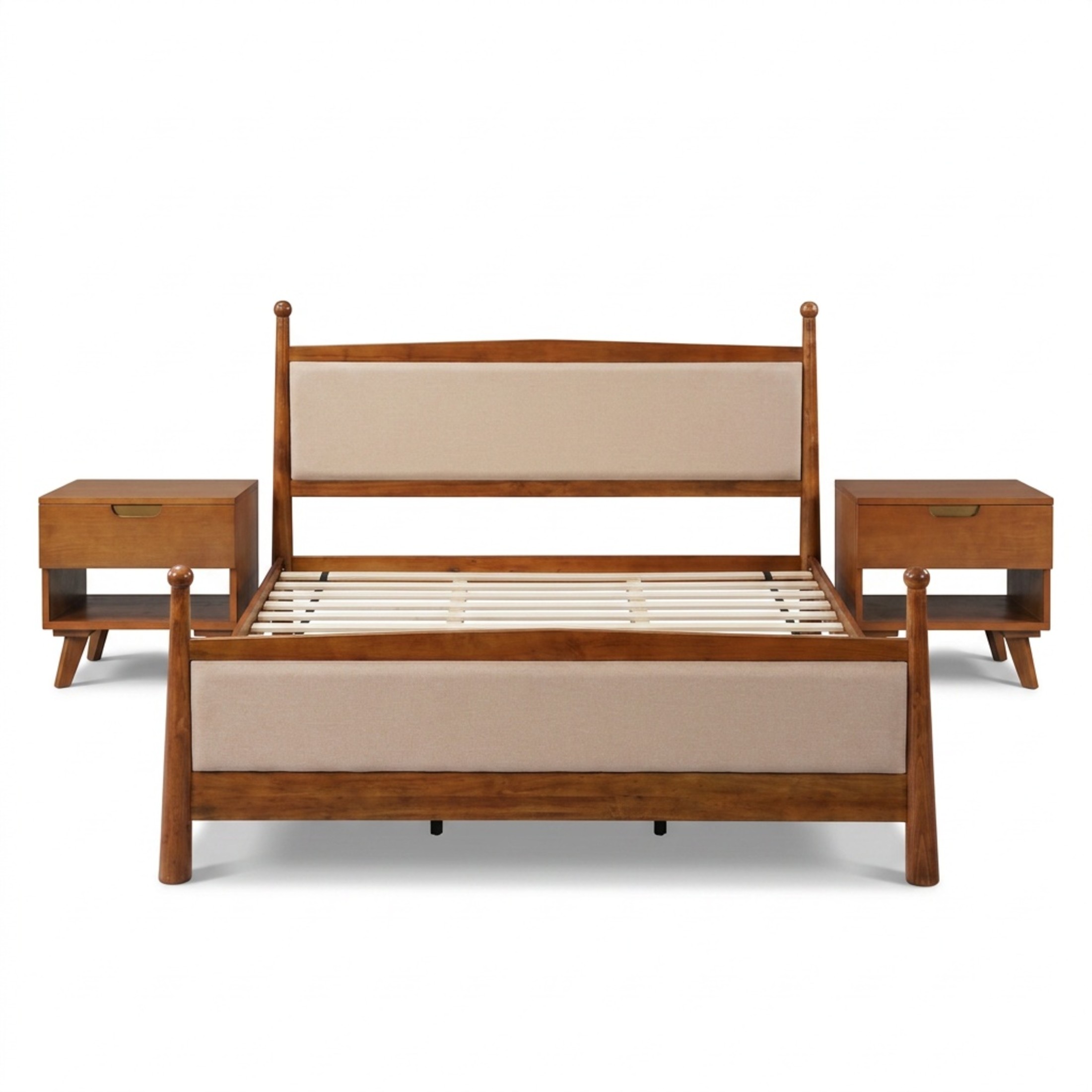 Christopher Knight Home Farmhouse King Upholstered Platform Bed with 2 Wooden Nightstands, Cherry