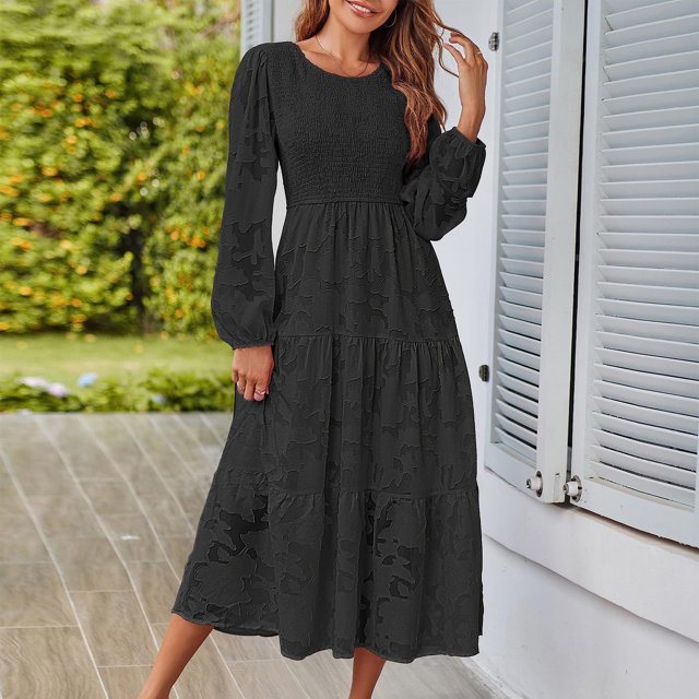 Vestido De Manga Larga Vestido ajustado para mujer Vestido largo tipo túnica con mangas abullonadas Vestido diario plisado con cuello redondo Ygjytge Negro L para Mujer