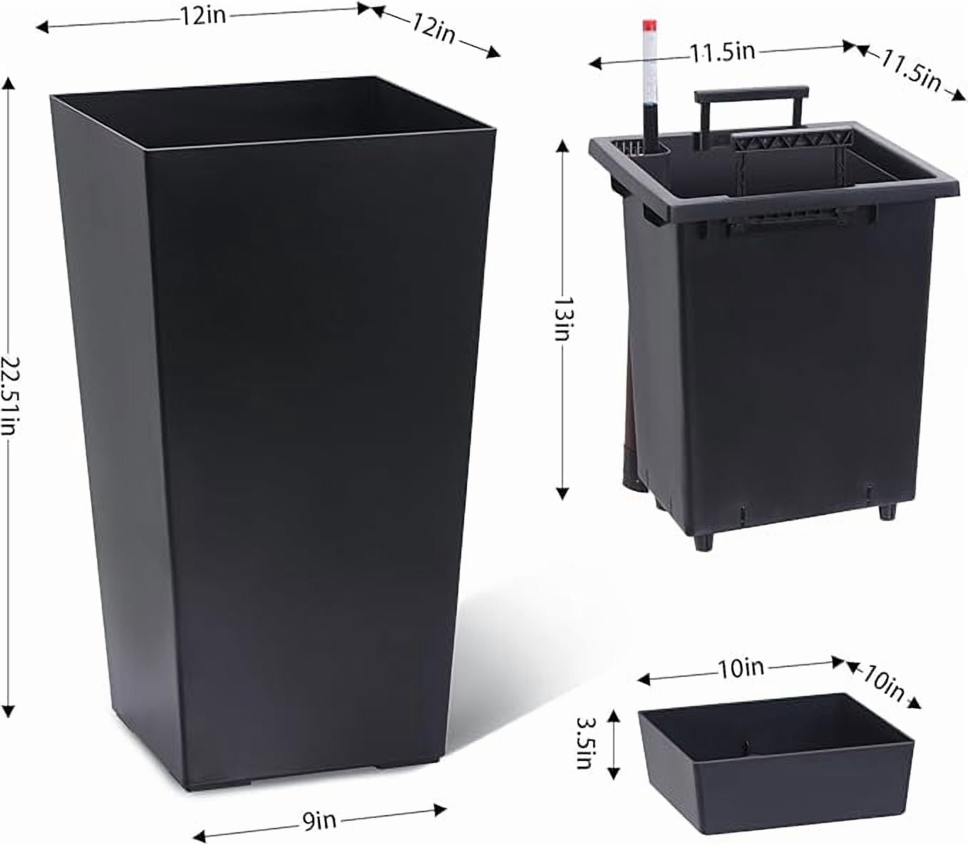 22" Tall Planters Set of 2, Outdoor＆Indoor Black Planter Pots, High Front Porch Planter Pots with Drainage Holes＆Water Level Monitor＆Inner Bucket, Automatic Watering, Black