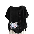 thumbnail image 2 of Staron Blouses d'Été pour Femmes en Liquidation Coton Lin Chemises d'Été Tendance Décontractées Chic à Imprimé Floral Manches Courtes Retroussées Hauts Col Rond Coupe Ample Tunique Grande Taille, 2 of 4