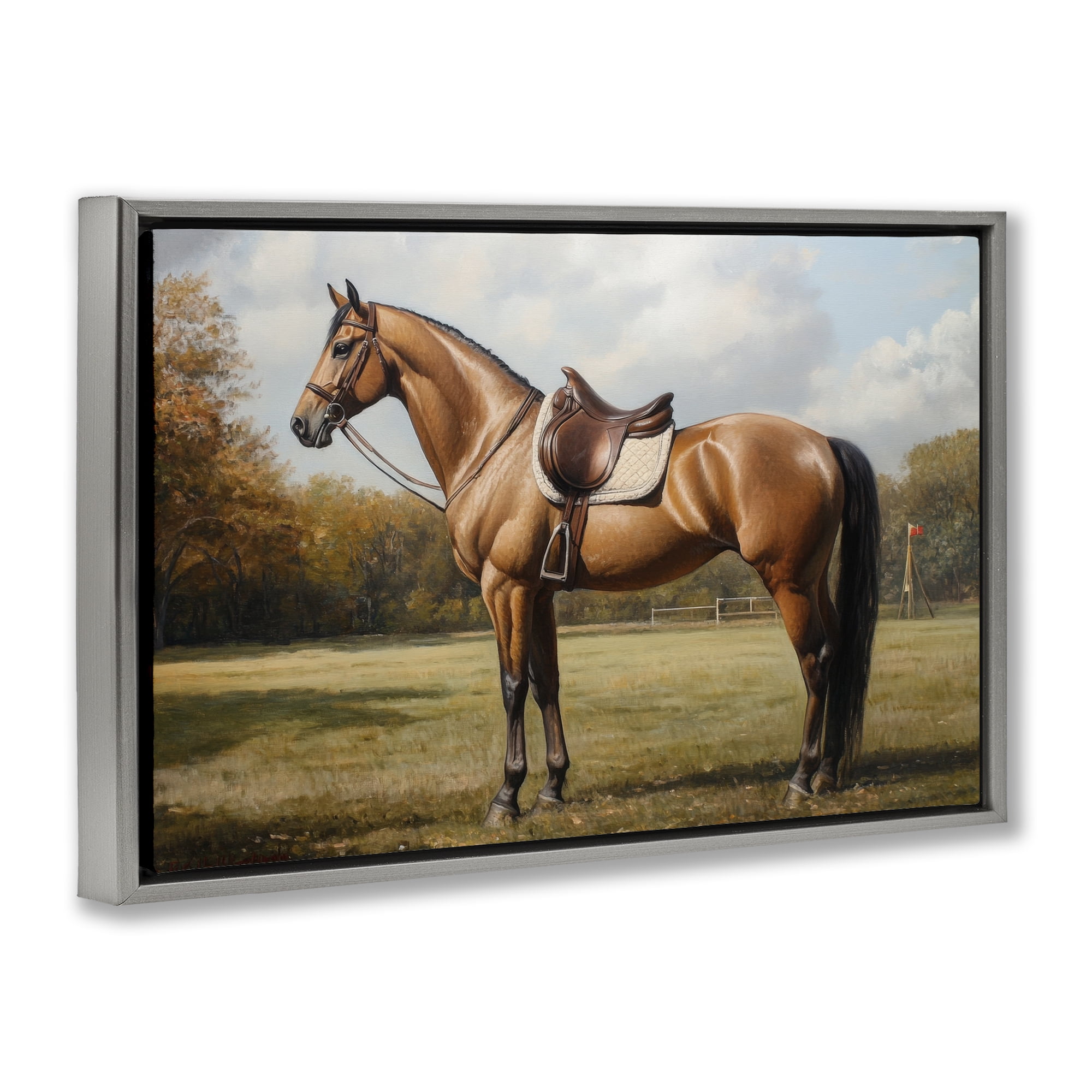 Stupell Industries Show Ready Horse with Saddle Gray Framed Floater Canvas Wall Art, design by Petal Prints Design