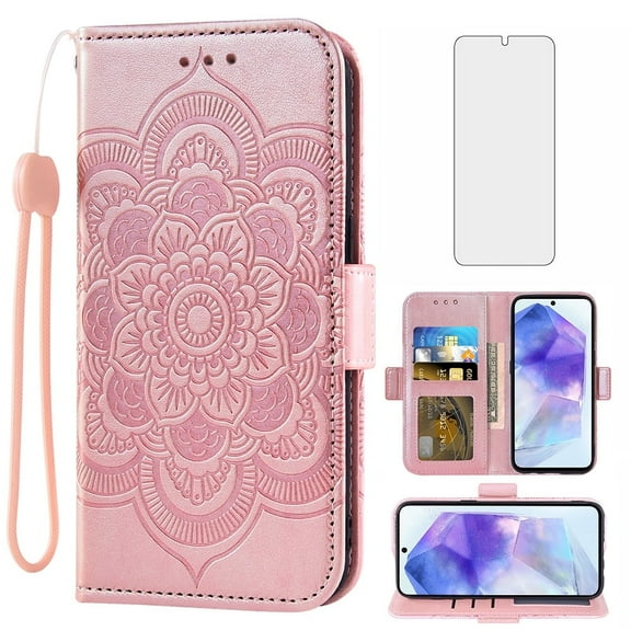 Asuwish Compatible with Samsung Galaxy A55 5G Wallet Phone Case and Tempered Glass Screen Protector Flip Credit Card Holder Stand Mandala Flower Cell Cover for A 55 55A A555G Women Men Pink