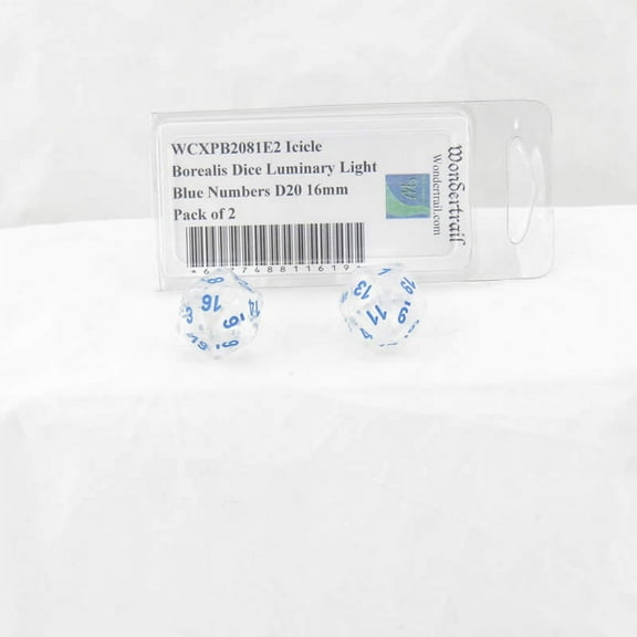 Icicle Borealis Dice Luminary with Light Blue Numbers D20 Aprox 16mm (5/8in) Pack of 2 Wondertrail