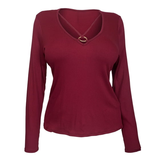eVogues Women's O-ring Detail Long Sleeve Top Burgundy