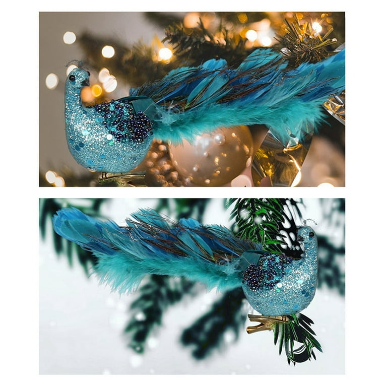 2pcs Christmas Tree Decorations Faux Peacock Ornaments Glitter Blue/White Peacock  Ornaments With Tail Feather Clip-On Decor Set - AliExpress