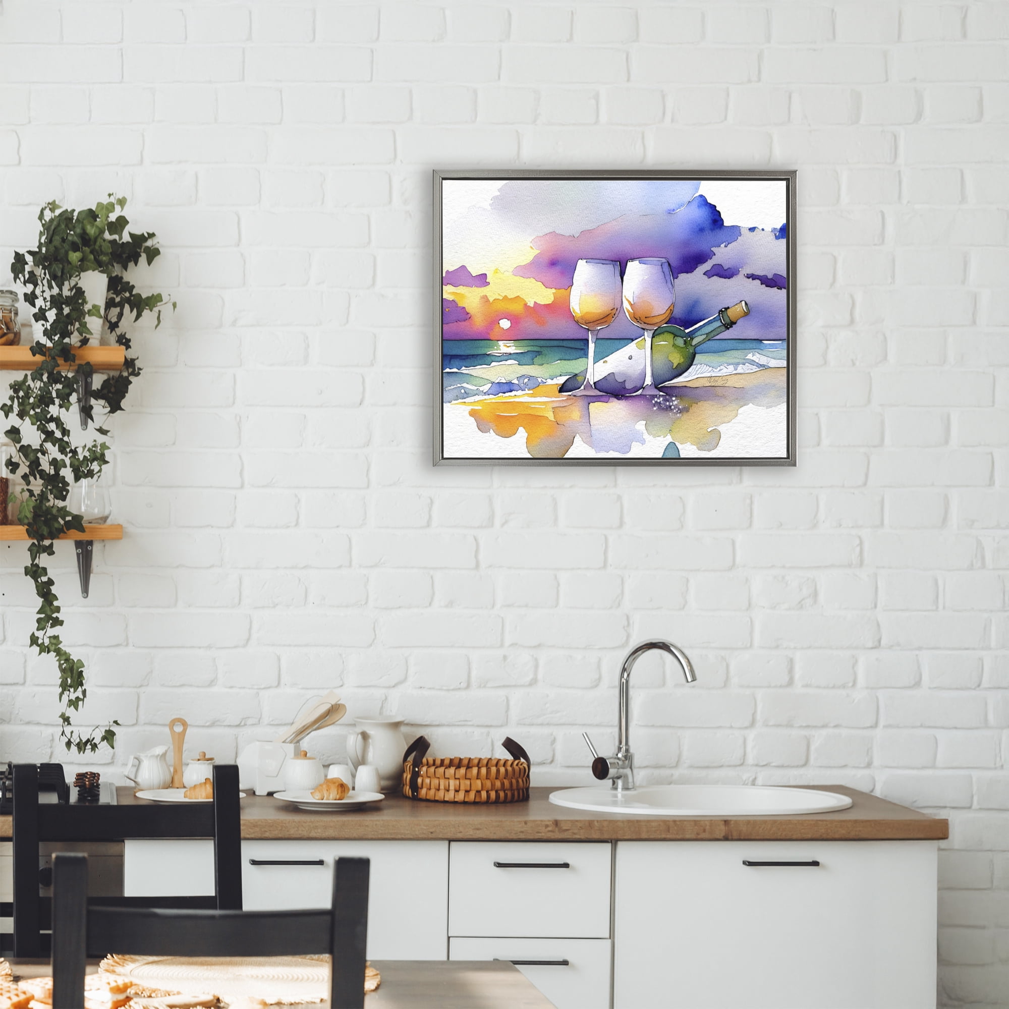Stupell Industries Coastal Cheers with Wine Gray Framed Floater Canvas Wall Art, design by Shelly Craig