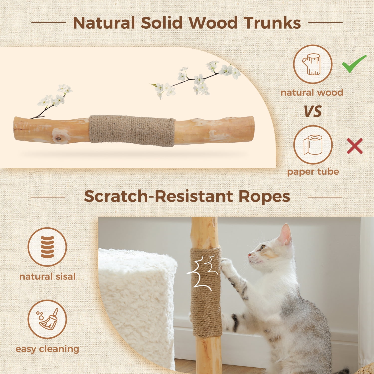 Pefilos 38" Modern Cat Tree Tower with Spacious Wicker Basket, Natural Solid Wood Scratching Posts, Curved Bed, Cat Condo for Indoor Cat, White