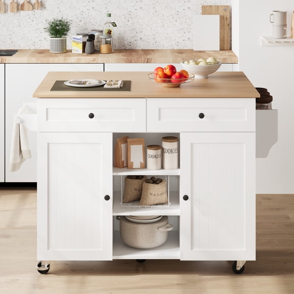 Rolling Kitchen Island Cart On Wheels, Kitchen Island with Drop Leaf and 2 Drawers, Mobile Kitchen Table Storage Cabinet with Tower Rack and Spice Rack for Dining Room, Kitchen, White