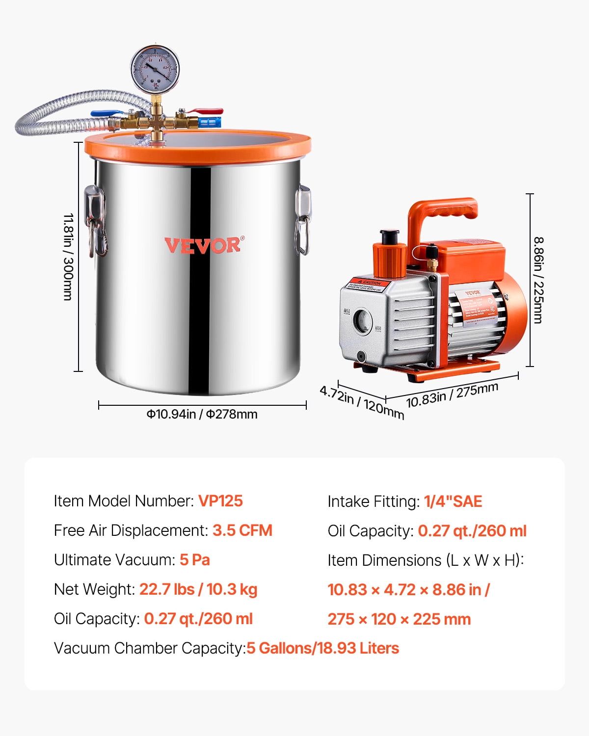 VEVOR 5 Gal Vacuum Chamber and 3.5 CFM Pump Kit, Stainless Steel Chamber, Single Stage Vacuum Pump Degassing Chamber Kit, with Acrylic Lid, Oil, 4.92 ft Hose, for Degassing Resin Silicone Epoxies