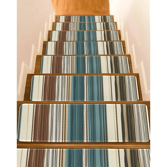 Teal Boho Stripes Stair Treads for Wooden Steps Indoor Runner Rug Carpet, Modern Bohemia Brown Beige Texture 10 Pieces Peel and Stick Staircase Step Treads Covers Washable Throw Door Mats, 30"x8"