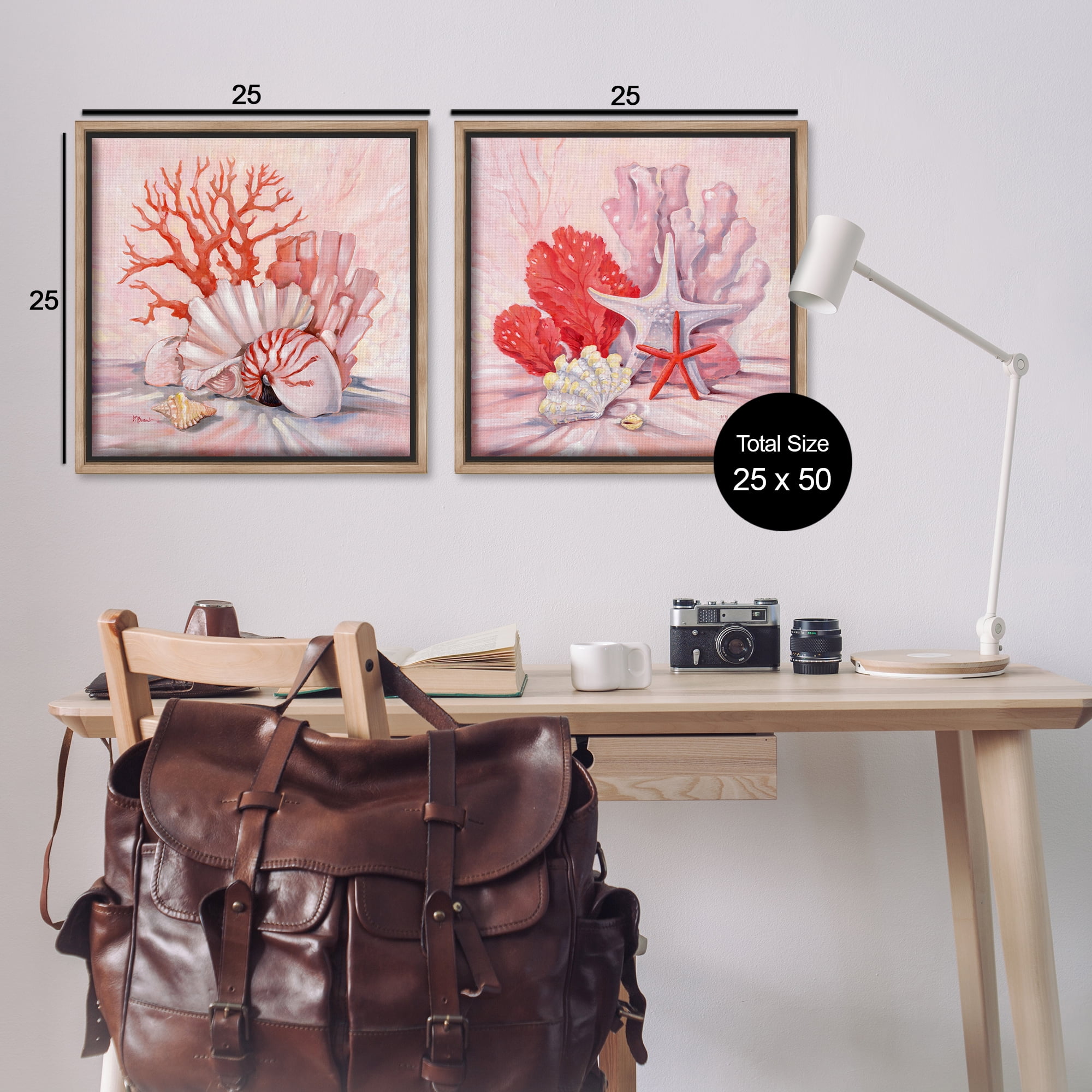 Stupell Industries Pink Coral Still Life Nautical & Beach Painting Brown Floater Framed Canvas Art Print Wall Art, 25 x 25, Set of 2