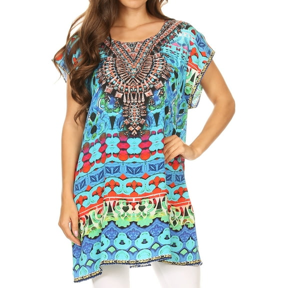 Sakkas Lesedi Top Blouse With Cap Sleeves Colorful Print and Rhinestones - 17230-Turq-multi - One Size Regular