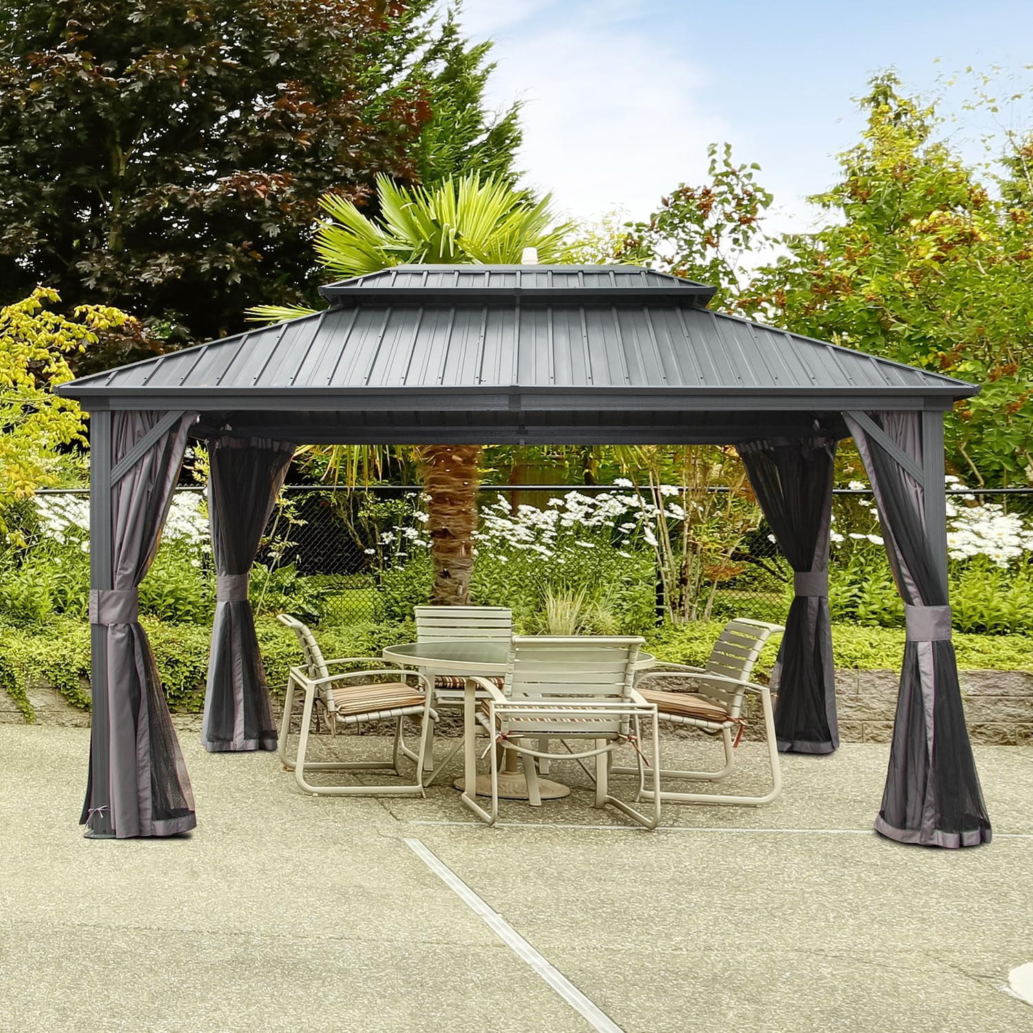 Domi Outdoor Living 10'x12'Hardtop Gazebo,Aluminum Frame Canopy with Galvanized Steel Double Roof,Permanent Outdoor Metal Pavilion with Curtains & Netting for Patio,Backyard & Lawn,Gray