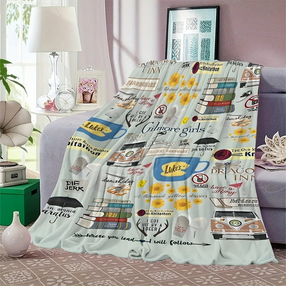 Gilmore Girls Inspired Plush Flannel Blanket Modern Double Sided Knitted Blanket for Sofa Bed All Seasons Multi-Purpose Fringed Soft Blanket with Gilmore Style Patterns and Quotes