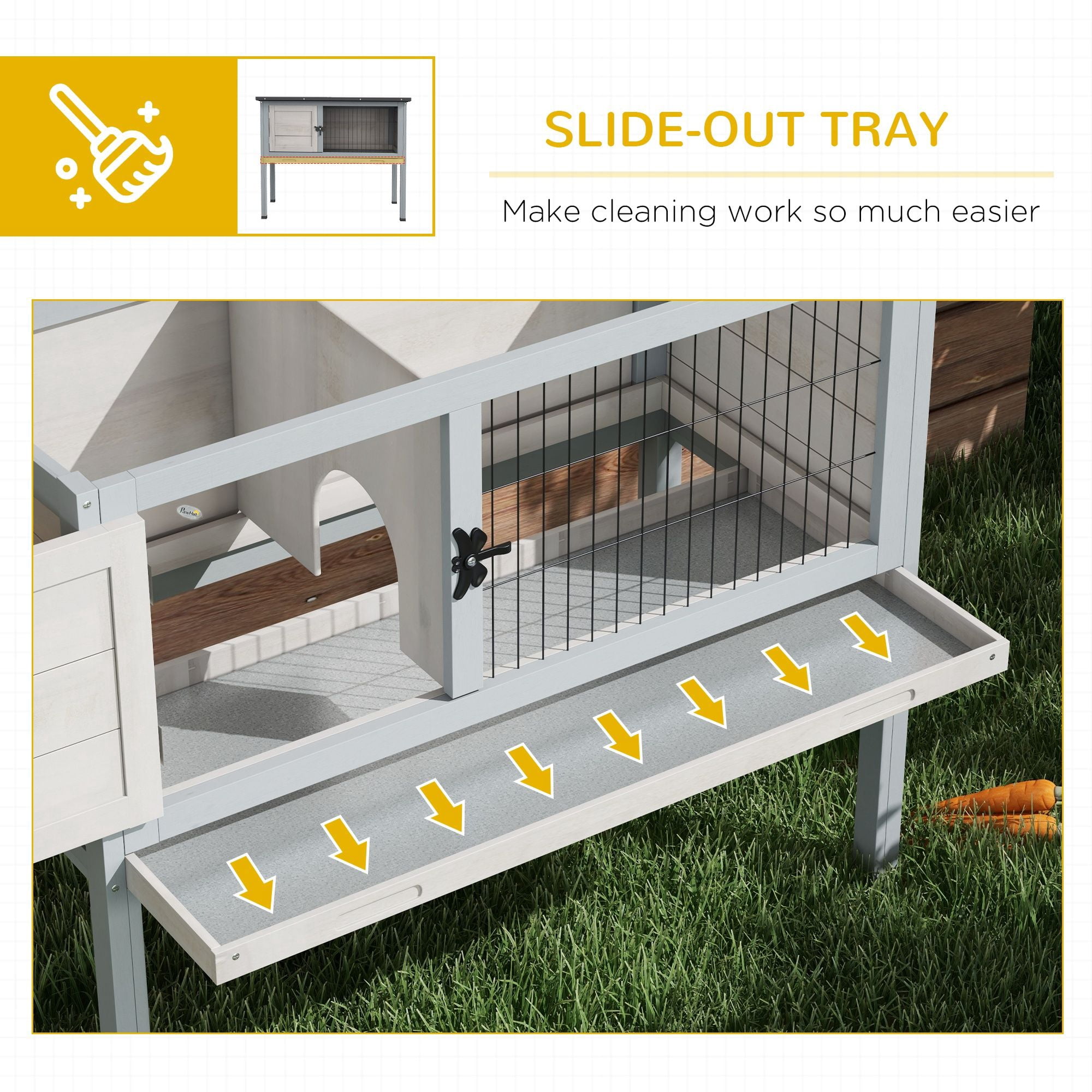 Elevated Rabbit Hutch, Wooden Bunny Cage with Hinged Asphalt Roof and Removable Tray, for Indoor/Outdoor, Gray