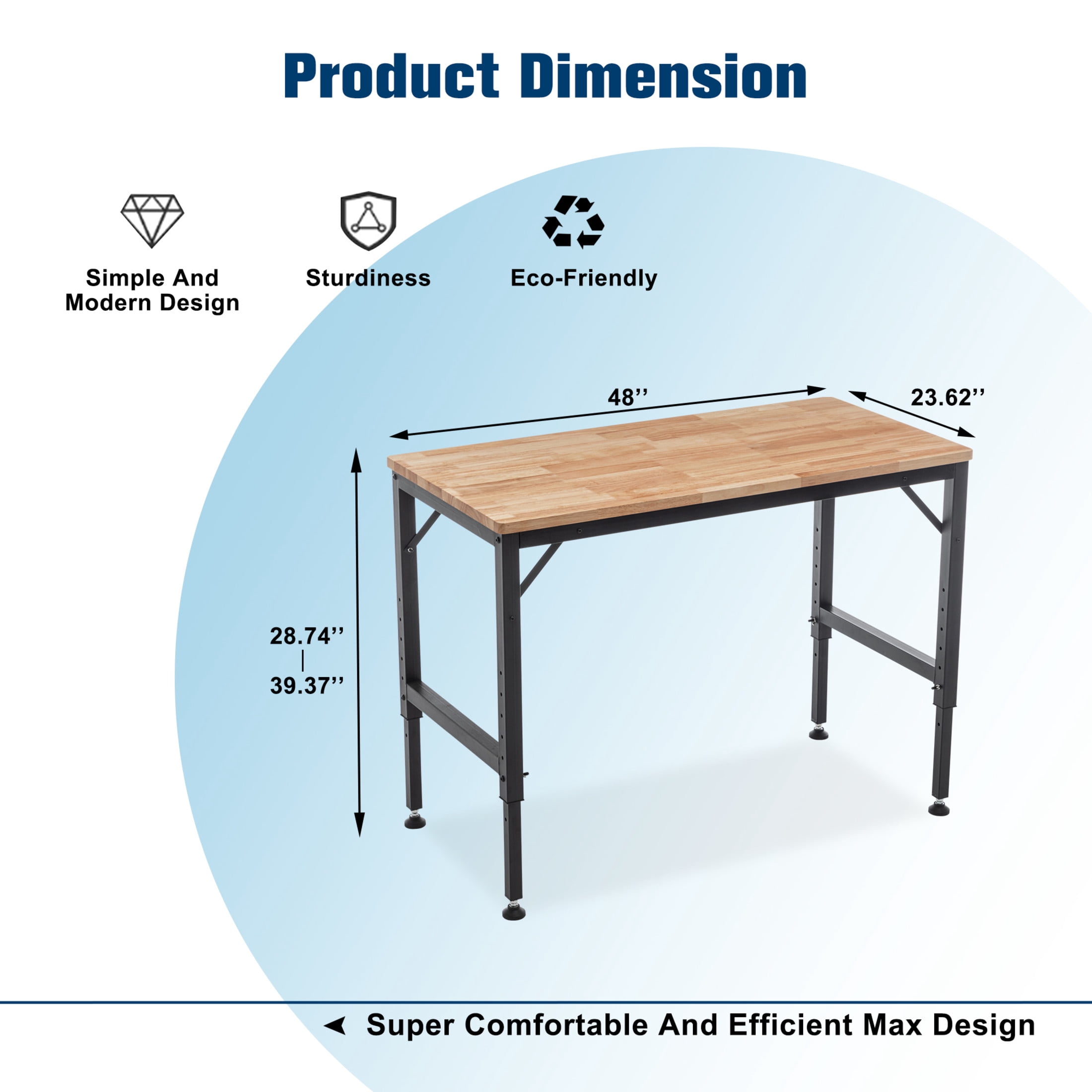 Noble House 48" Heavy-Duty Adjustable Workbench with Thick Rubber Wood Top, Hardwood Workstation, Black & Natural