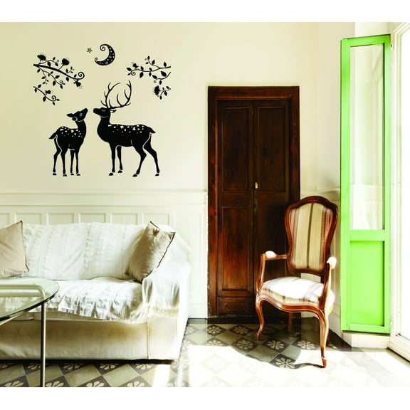 Custom Decals Deers At Night Moon Tree Branch Flower Scene 16x24"