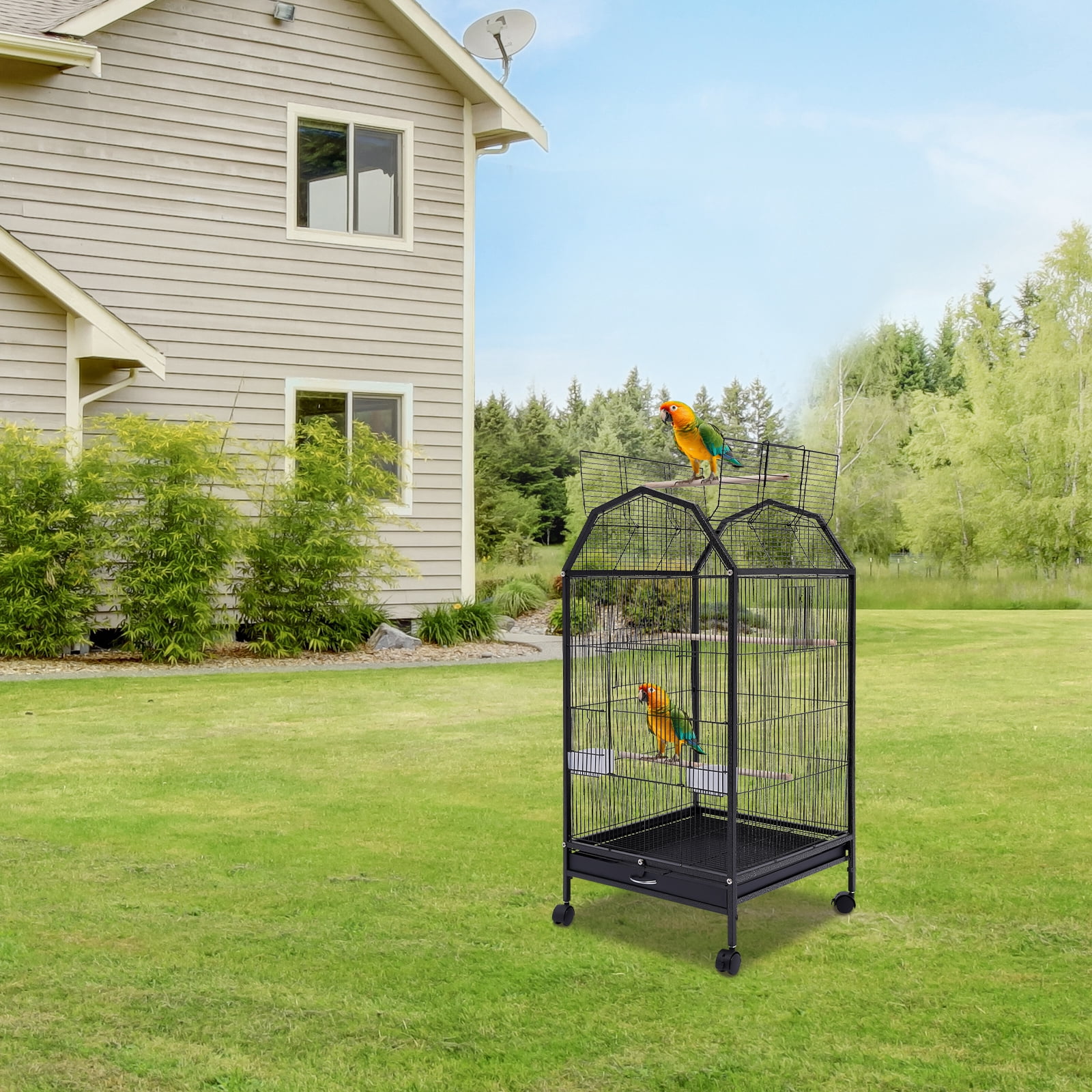 YIYIBYUS Parakeet Bird Cage with Stand Metal Pet Bird Flight Cages Large Finch Bird Cage for Conure Canary Parekette Macaw Finch Cockatoo Budgie Cockatiels Parrot Pet House,Black