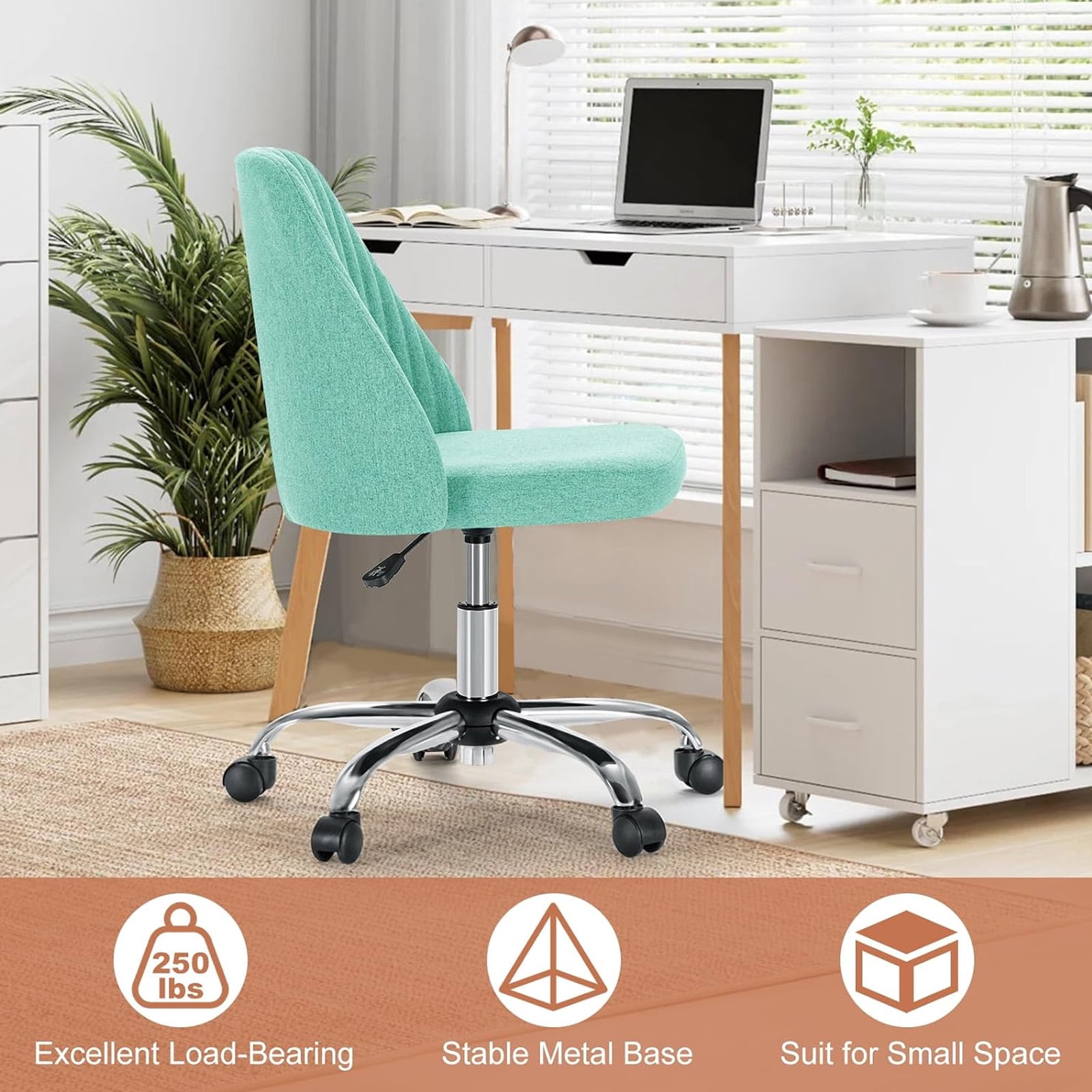 Casabay Armless Office Chair, Extra Cushion Padded Compact Upholstered Desk Chair with Back Support, Rolling Swivel Vanity Chair for Home Office, Green