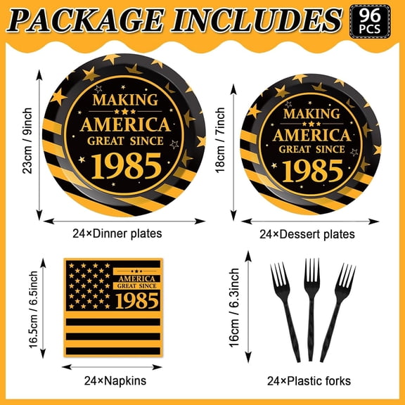 SHILIU-96Pcs 40th Birthday Party Supplies Black and Gold Paper Plates Napkins and Forks 40th Birthday Party Decorations Making Great Since 1985 Dinnerware Party Favor for Men or Women Tableware Serve
