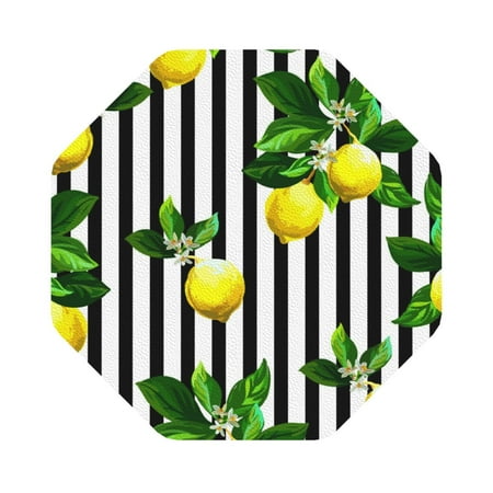 

Salouo Lemons on Striped Print Round Coaster Drink Coasters Leather Bar Beer Beverage Coasters for Drinks Set of 4 for Tabletop Protection Coffee Table Decor