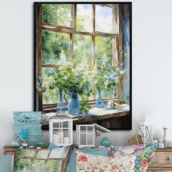 Designart "Countryside Charm with Green and Blue Windows III" Farm Framed Wall Art - Country Green Farm Windows Entryway Framed Wall Art