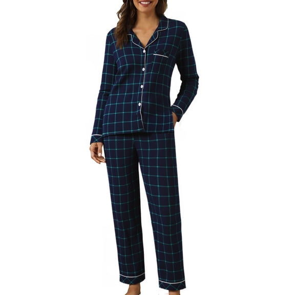 Pajama Sets for Women Soft Plaid Long Sleeve Flannel Button Down Tops and Pants 2 Piece Sleepwear Casual Comfy Warm Outfits