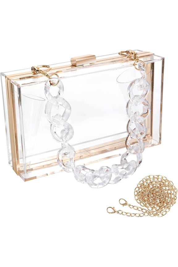Women Clear Purse Acrylic Box Clutch Handbag, Small Transparent Crossbody Evening Bag Stadium Approved Gold Chain Strap