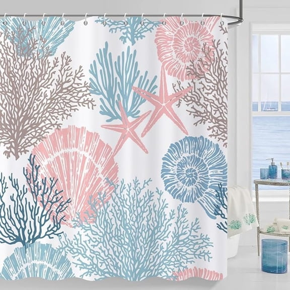Nautical Coastal Shower Curtain, Blue Pink Ocean Beach Seashell Starfish Themed Bathroom Curtain Waterproof Fabric Machine Washable With Hooks 36"W x 72"L