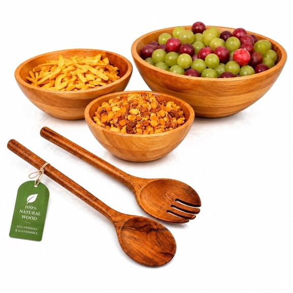Acacia Wood Salad Bowl Set of 3 with Serving Utensils | Eco-Friendly Wooden Serving Bowls