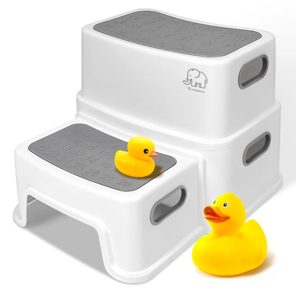 Taburete Forbena para baño infantil, 2 escalones, blanco y gris