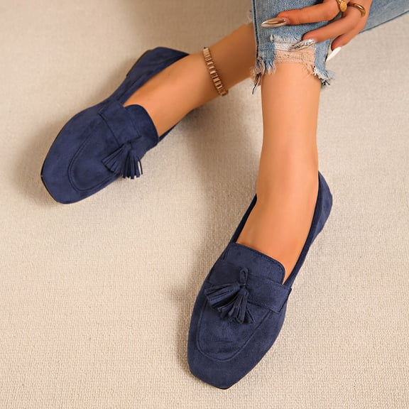 Loafers for Women Suede Loafers, British Style Tassel Slip on Square Toe Casual Flat Shoes for Office Daily Walking